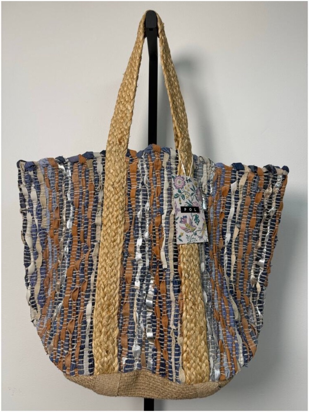 POL Leather, Cotton, Jute Weave Stripe Denim Tote Bag